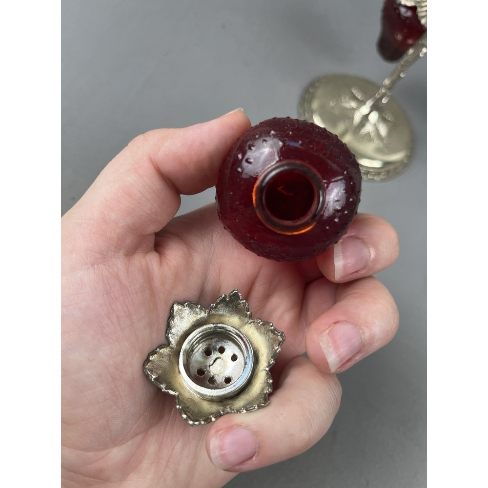 Vintage Kitschy 1950s Glass Strawberry Salt & Pepper Shakers w/ Silver Stand - Picture 7 of 12
